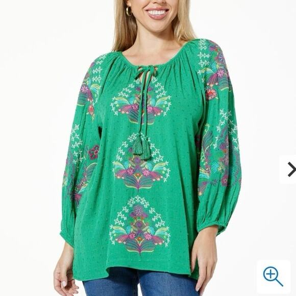One World Green Multicolor Embroidered Bohemian Flowy Peasant Blouse Size 1X - Picture 7 of 7